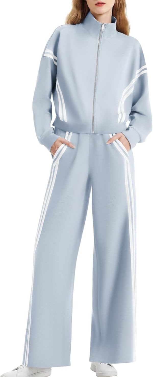 Women's Zip Up Contrast Striped Wide Leg Jogging Travel Track Suit