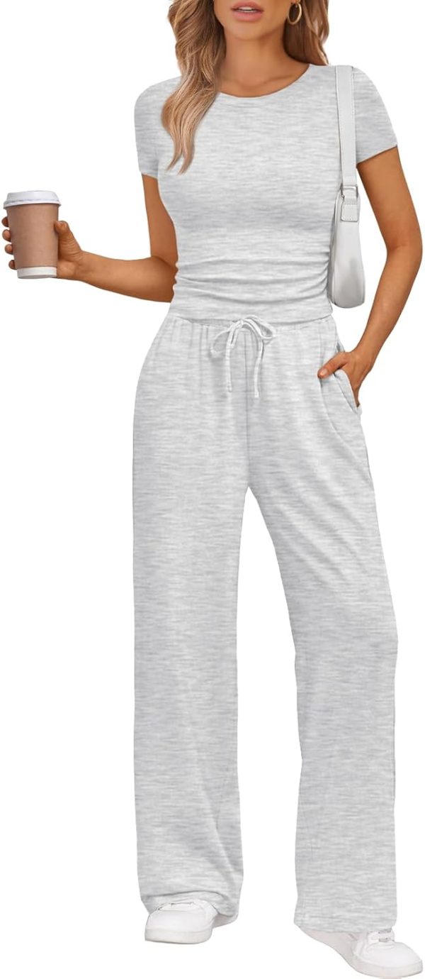 Women's Summer Side Ruching Crop Top Wide Leg Pants Lounge Set